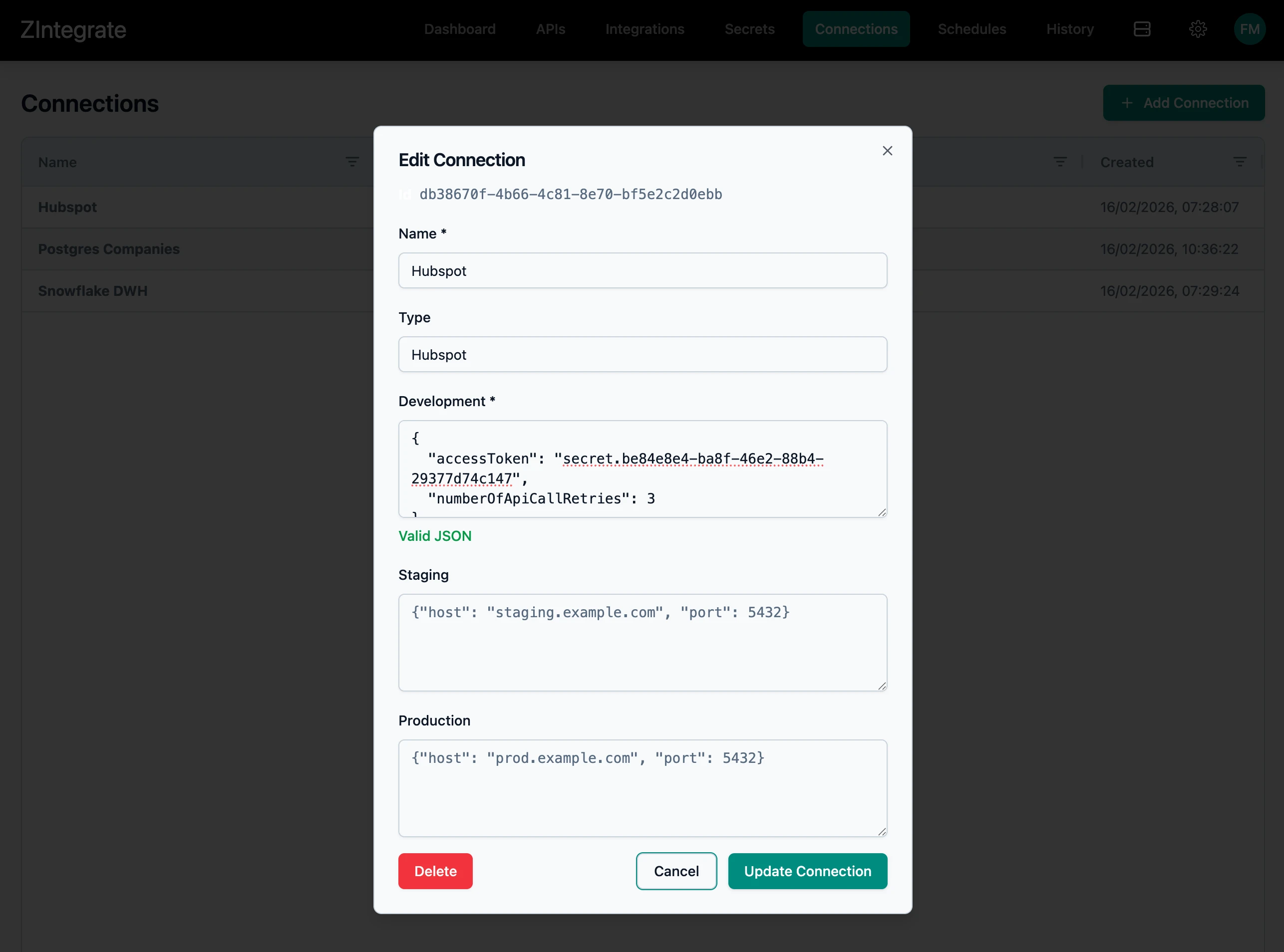 ZIntegrate Connection JSON Configuration