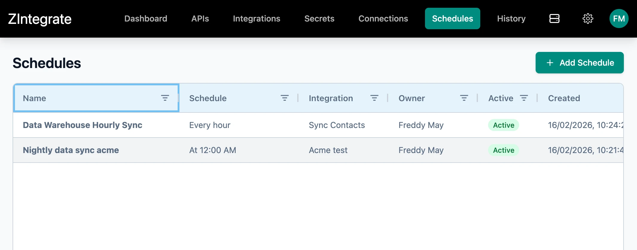 ZIntegrate Schedule Management Grid
