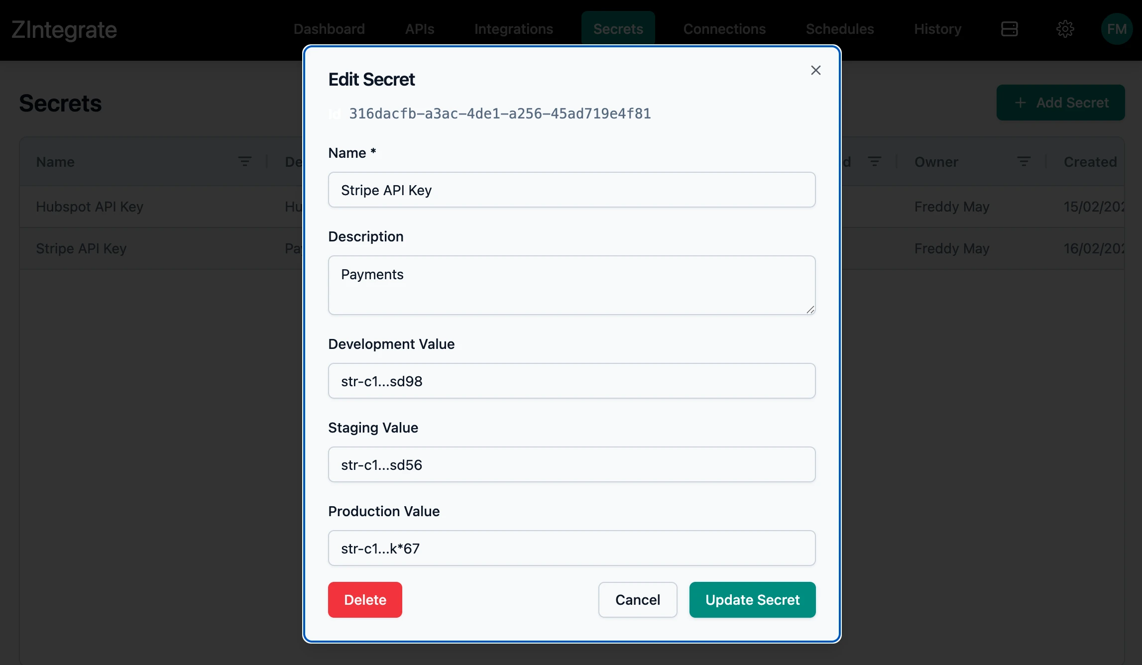 ZIntegrate Secret Environment Values